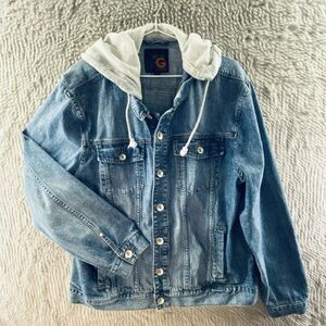 G by Guess Men's Denim Trucker Jacket - Layered Jersey Hood - Flap Pockets - XXL